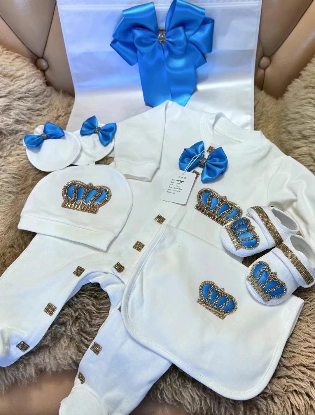 Dollbling Baptism Outfit Boy Prince Luxury Bling Christening Coming Home Romper Bonnet Set Mittens Nursery Hospital Clothing set