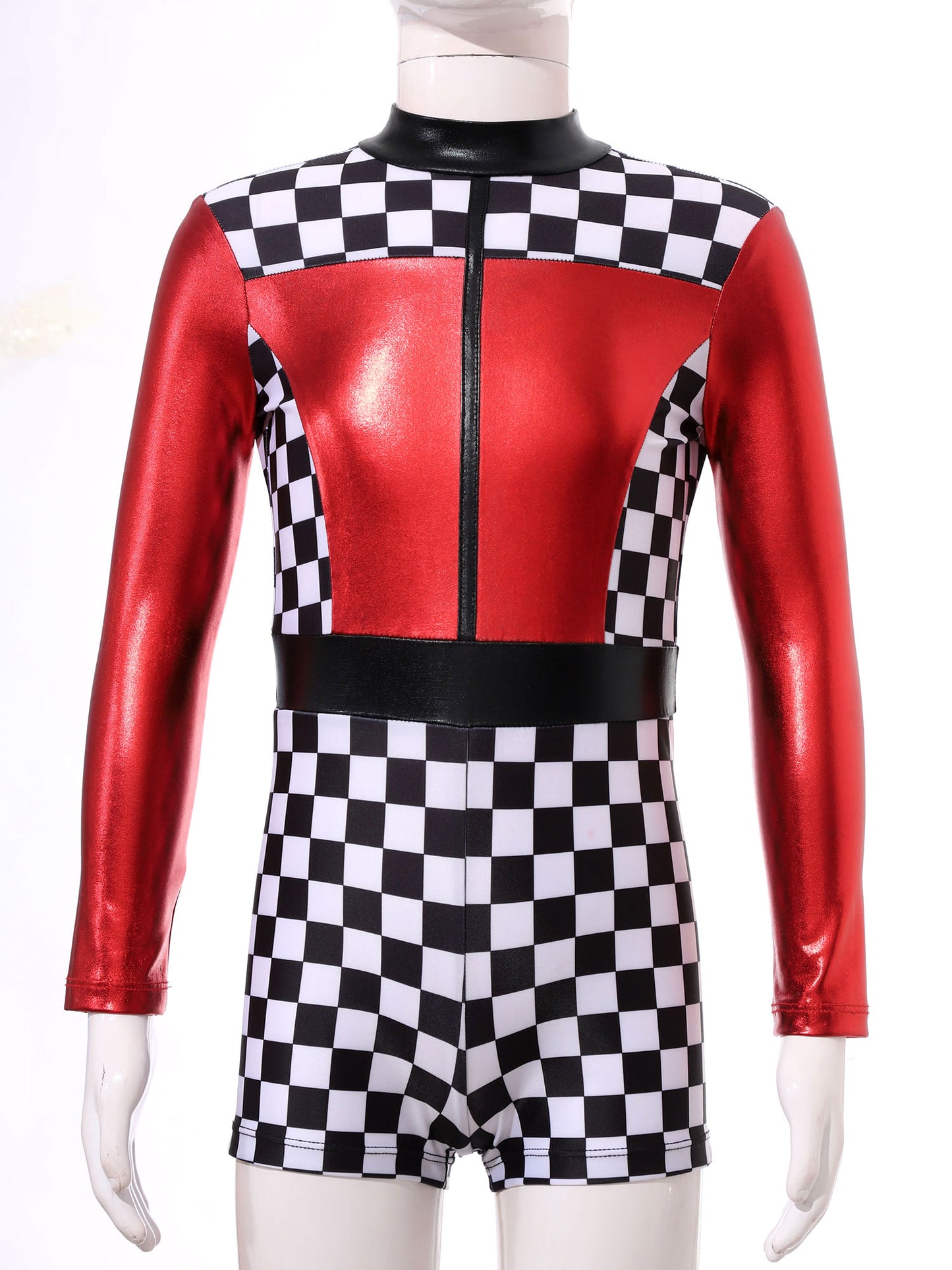Kids Girls Checkerboard Racer Costume Halloween Car Driver Cosplay Leotard Dress with Tulle Skirt Themed Party Driving Roleplay