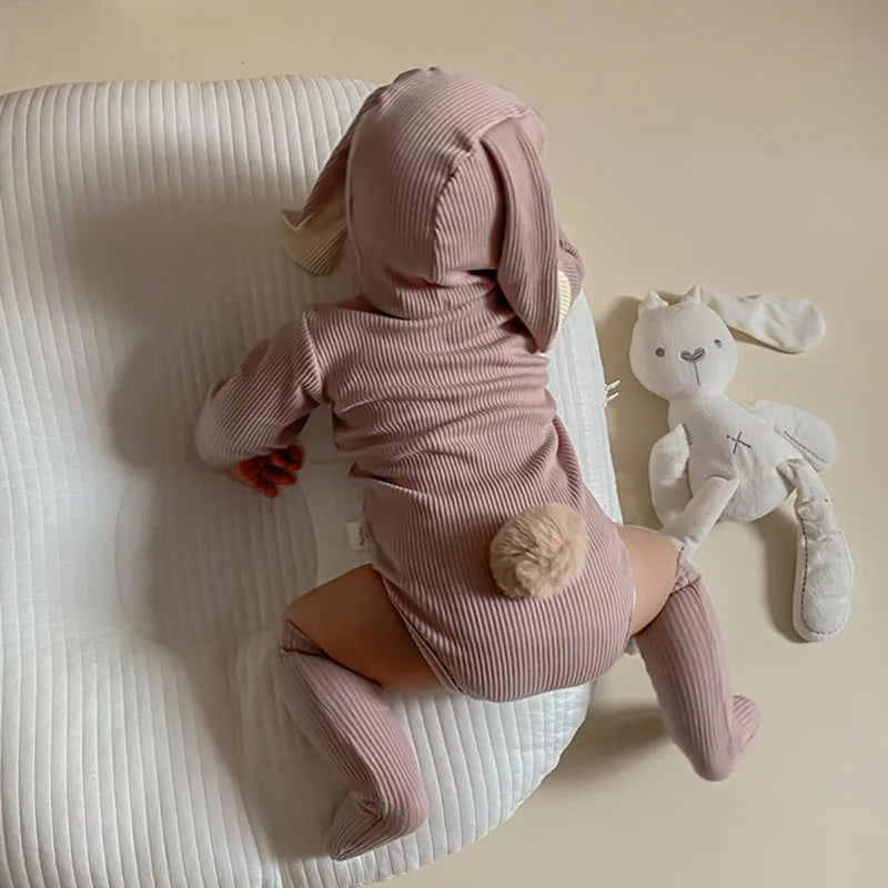 2024 Baby Rabbit Easter Romper Ear Hat Bodysuit Socks Solid Cotton Jumpsuit 0-24M Korean Cute Toddler Boy Girl Outfits Clothes