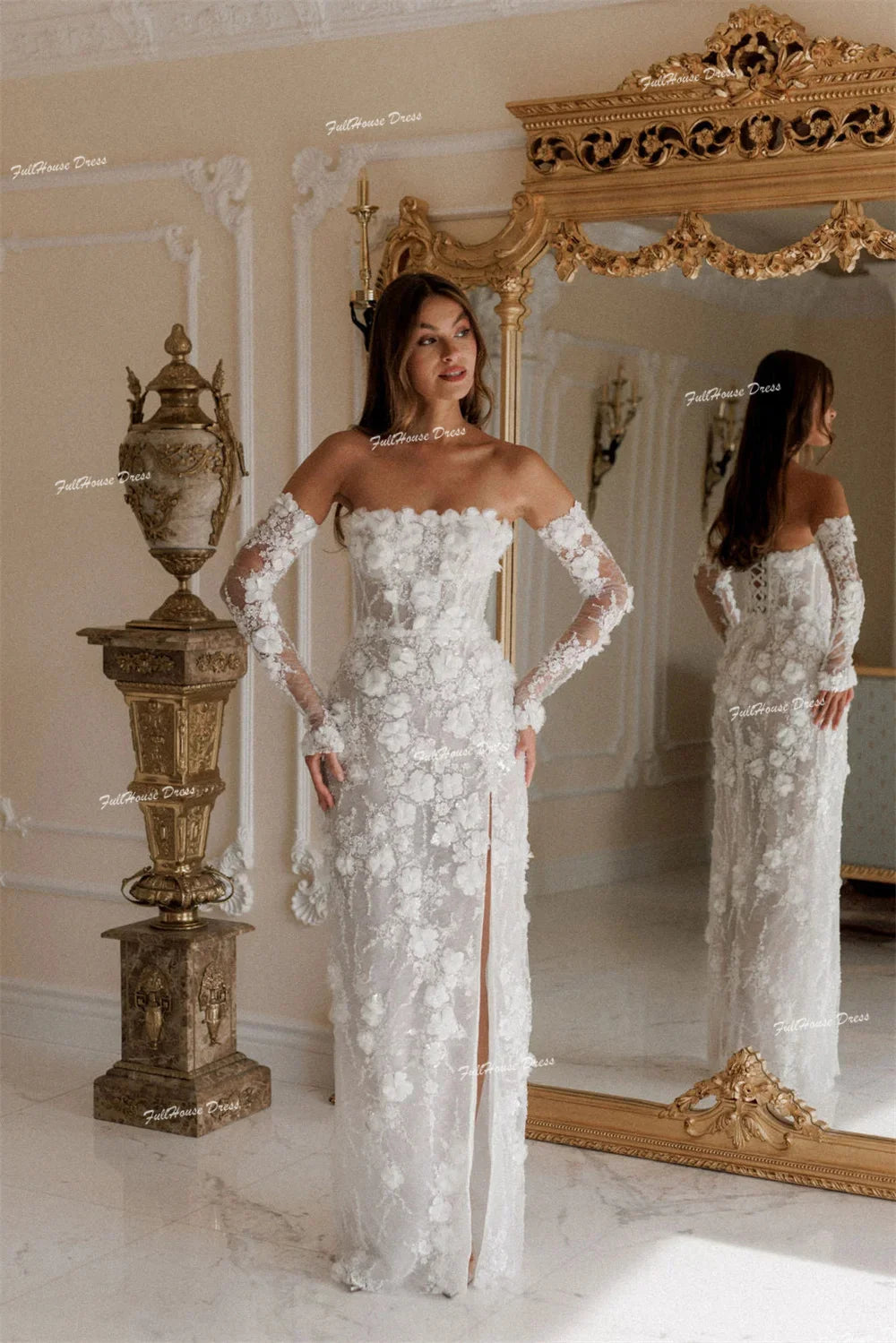 Customized Graceful 3/4 Sleeve Boat Collar 3D Floral Lace Wedding Dress Long Side Slit Lace up Back Bridal Dress for Party