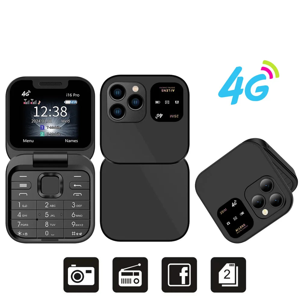 SERVO i16 Pro 4G LTE Mini Flip Mobile Phone Dual SIM Standby Call Recording Speed Dial FM Radio Blacklist Small Fold Cellphones