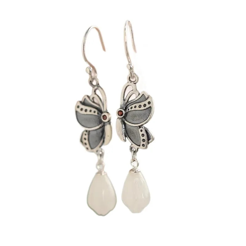 silver 925 Light luxury Butterfly earrings for women Natural Hetian Jade Orchid Earring Vintage Ethnic Style Wedding Jewelry