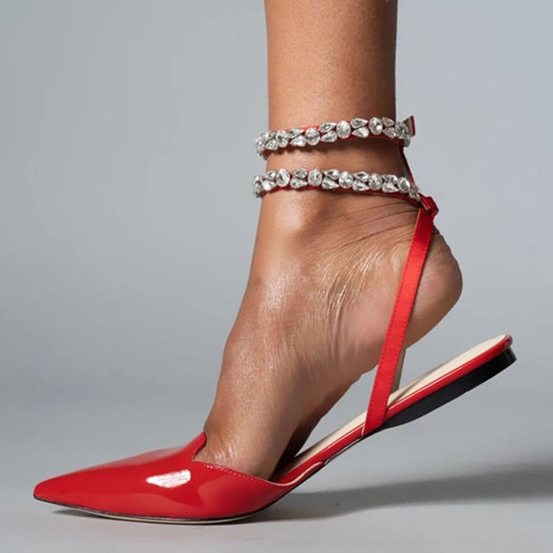 Shiny Crystal Flat Heels Gladiator Sandals Women Sexy Pointed Toe Pink Party Shoes Woman Plus Size 42 Ankle Straps Pumps Lady