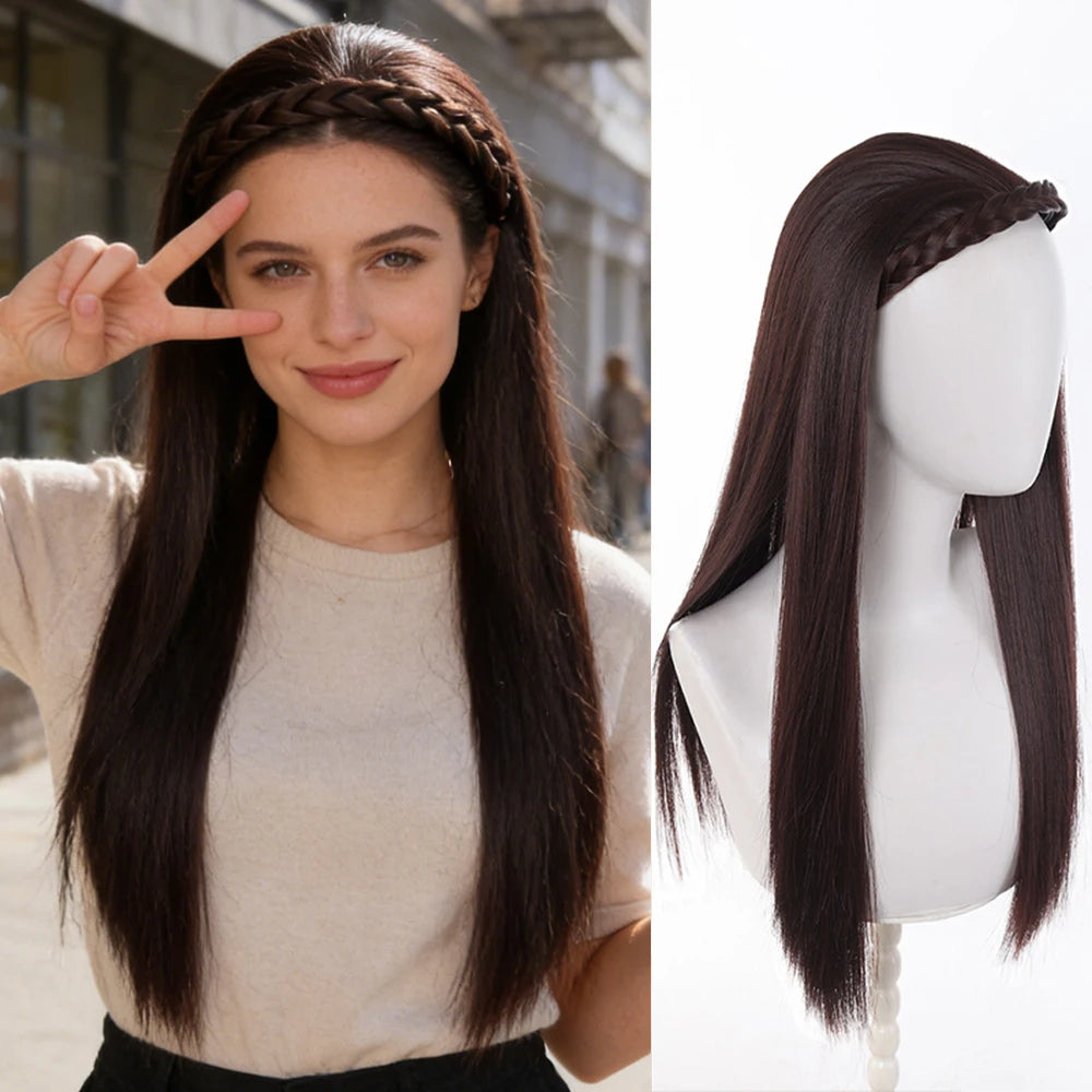 Synthetic Headband Wig 20‘’Long Straight Half Wigs For Women With Headband Heat-Resistant Hair Extensions