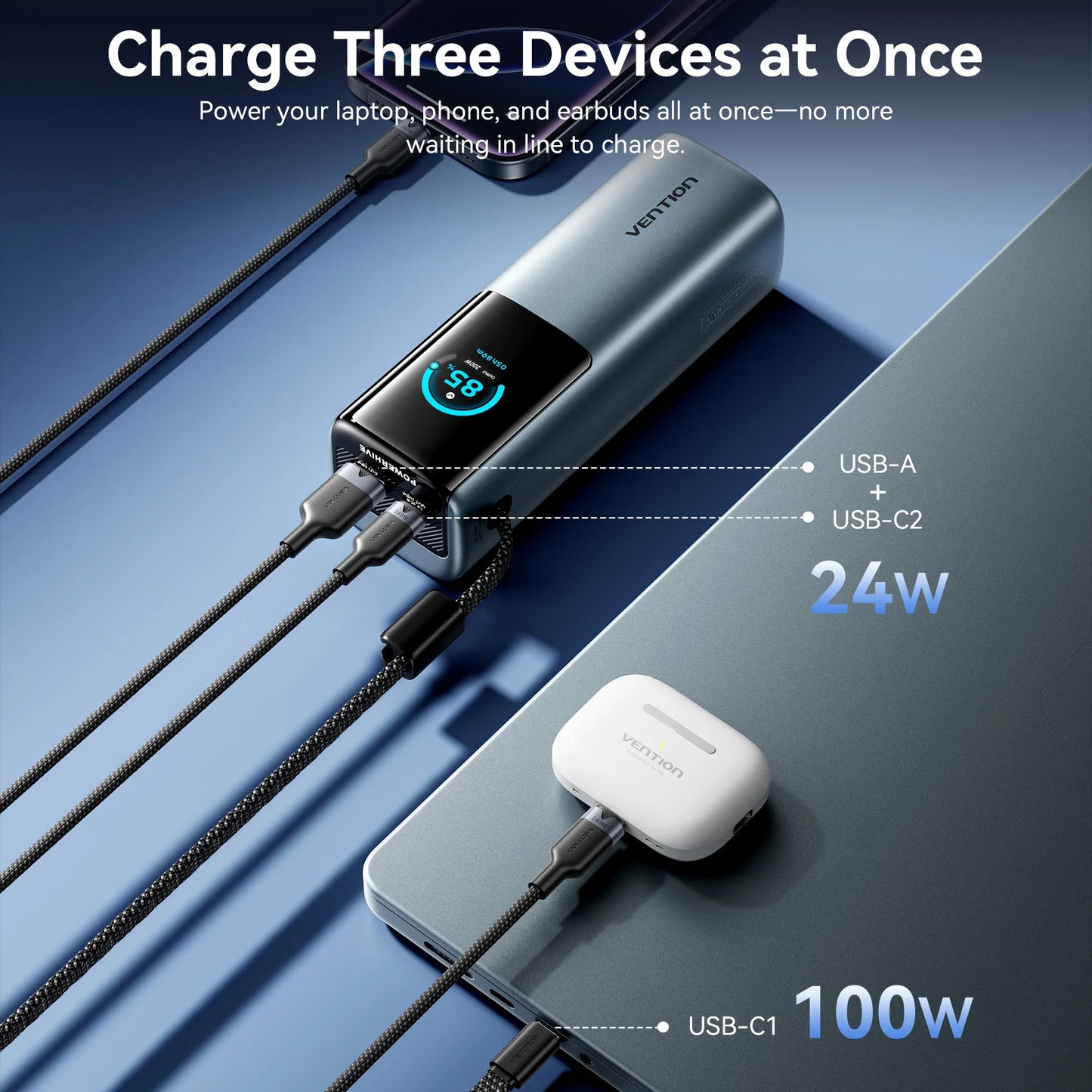 Vention 200W 27000mAh Power Bank Build-in Retractable USB-C Cable Portable External Battery Charger For Laptop Smart TFT Display