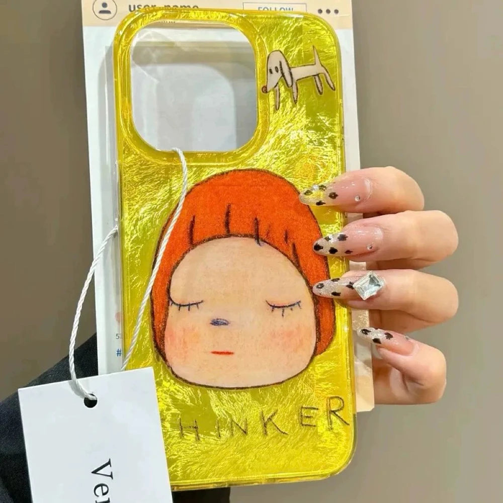 Advanced Red Background Sitting Girl Illustration Case for iPhone 16 15 14 13 12 11 Pro Max X Xs XR XSMax 8 Plus Feather Texture