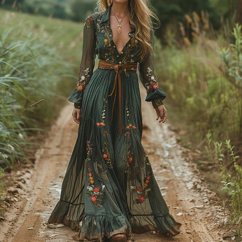 Printing Patchwork Holiday Chic Maxi Dress Women Autumn Long Lantern Sleeve Party Dress 2025 Turn Down Collar Elegant Lady Dress