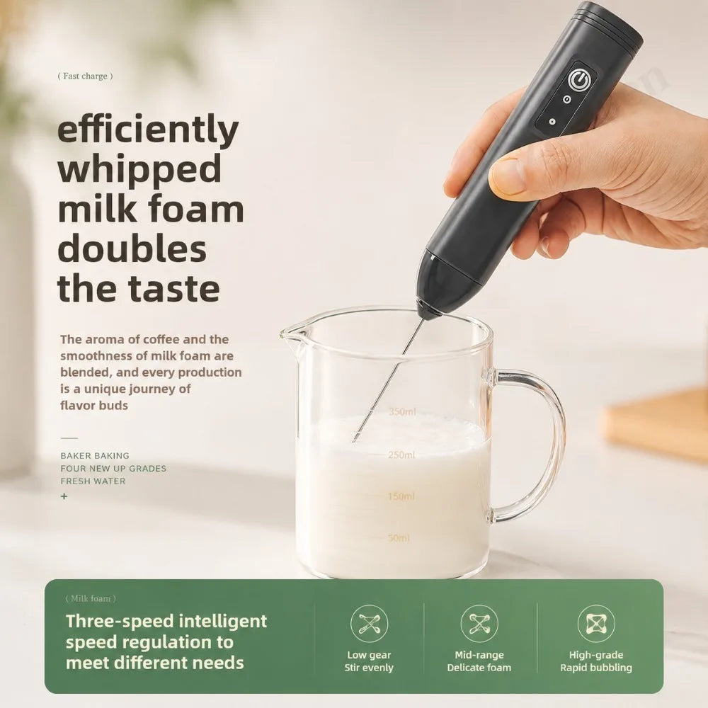 Electric Milk Frother + Egg Beater Wireless Type-C Charging 3 Speeds Mini Handheld Foam Maker Coffee Whisk Cooking Tools