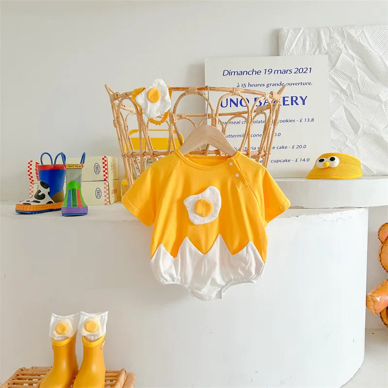 Summer Baby Newborn Romper Fried Egg with Headband Yellow Toddler Clothing Short Sleeve Infant Bodysuit Set 0-2Y Cute Jumpsuit