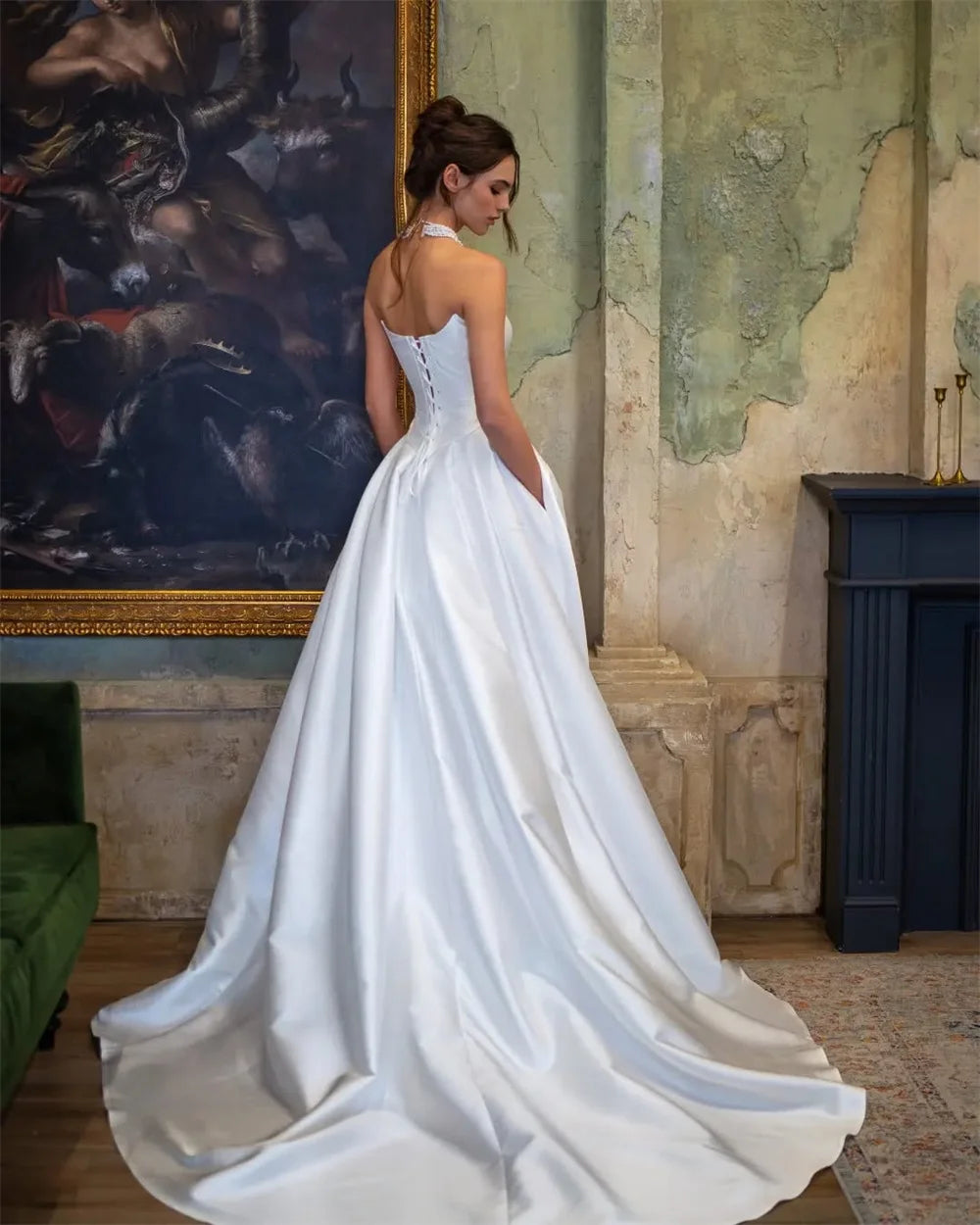 Newest Satin Strapless A-Line Wedding Dresses Backless Corset Evening Dress For Women Plus Bride Gown vestidos de novia