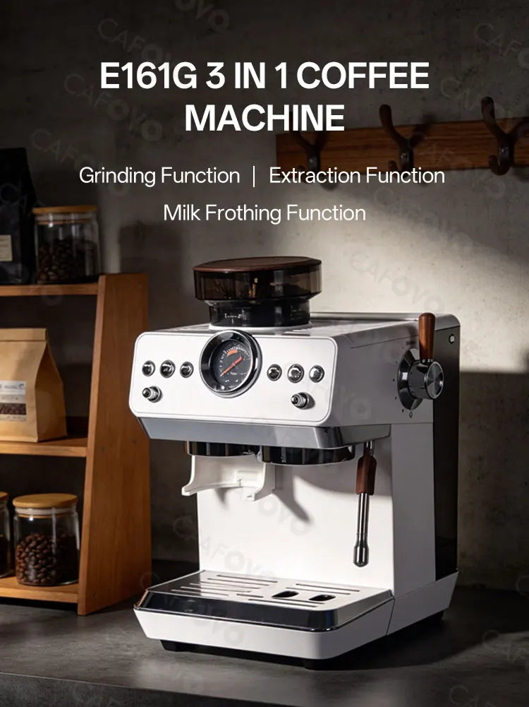 CAFOVO E161G 3-in-1 Semi-automatic Coffee Machine with Burr Grinder Frothing Milk for Home Barista Espresso & Cold Brew 220V