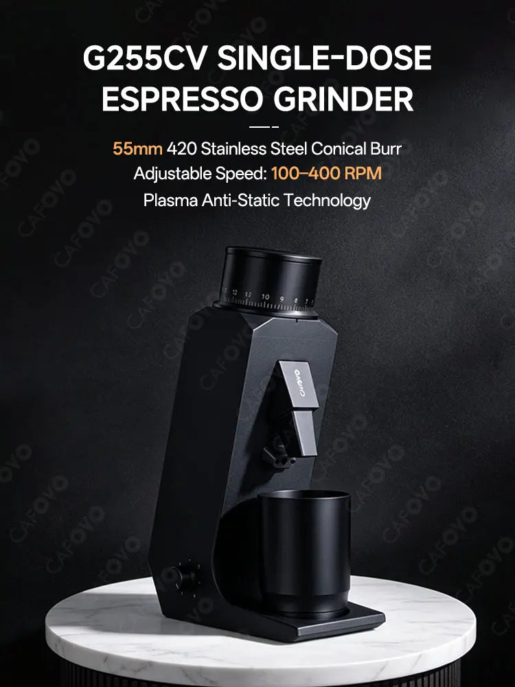 CAFOVO G255CV Single-Dose Coffee Grinder 55mm Conical 7-Core Burr Speed Range 100–400 RPM for Espresso and Pour-over Coffee Mill