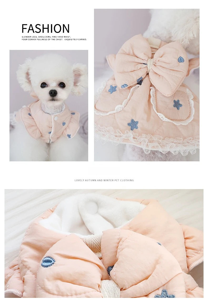 Autumn Winter Dog Clothes  Thick Cotton-padded Princess Pet Dress Coat with Embroidery for Small Dogs & Cats