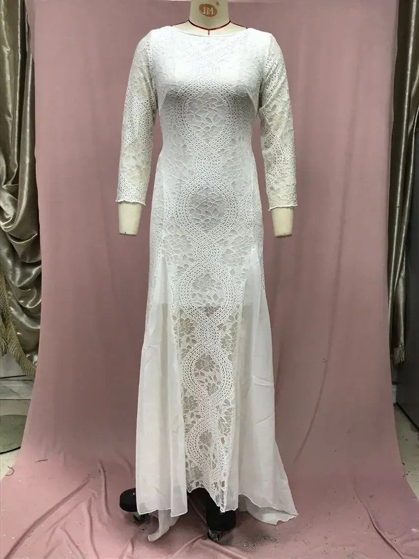 2025 Spring New Women's Celebrity Banquet Wedding Dress Crew Neck Long Sleeve Printed Halter Lace Dress