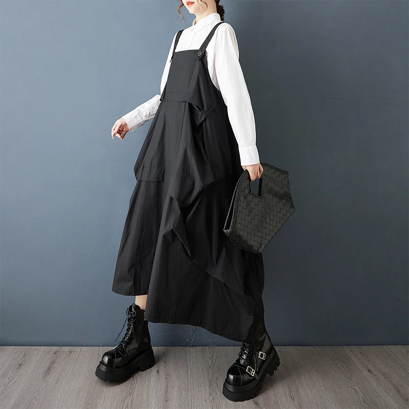 2025 Spring Autumn New Black Vintage Straps Dresses For Women Sleeveless Pleated Loose Casual Dress Robe Elegant Fashion Clothes