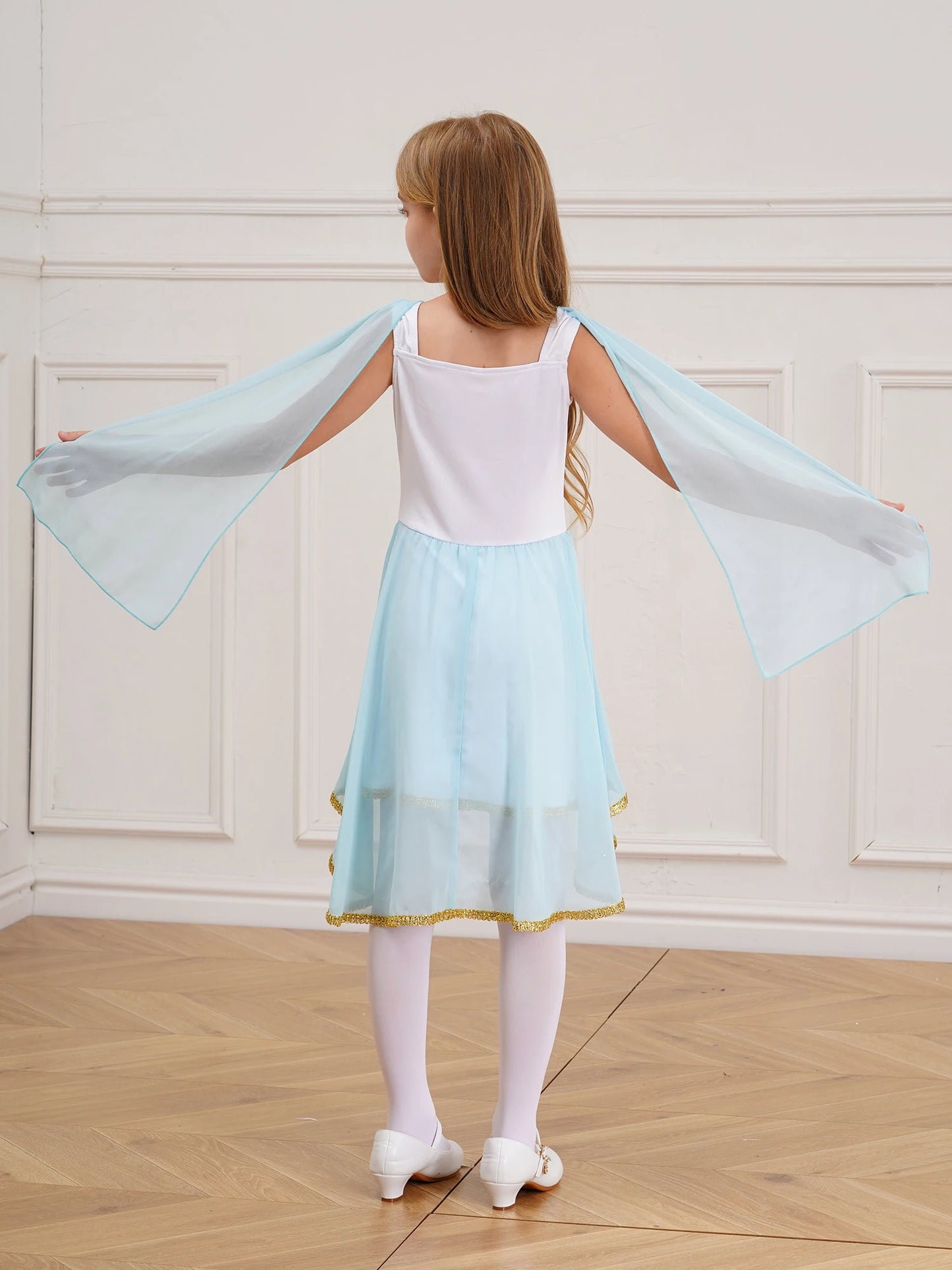 Halloween Virgin Mary Costume for Kids Girls Fancy Greek Princess Cosplay Long Sleeve Ruffle Dress with Chiffon Cape Theme Party
