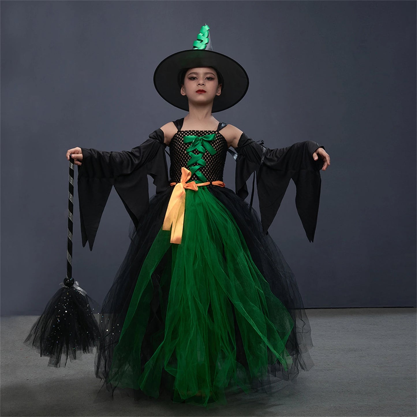 Halloween Witch Costume For Girls Kids Long Veil Dress Princess Dress Birthday Party Dress Stage Performance Dress