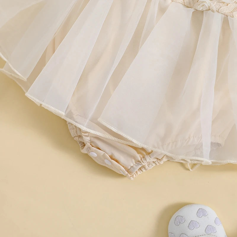 Baby Girls Autumn Romper Dress Long Sleeve Lace Floral Tulle Patchwork Romper with Headband