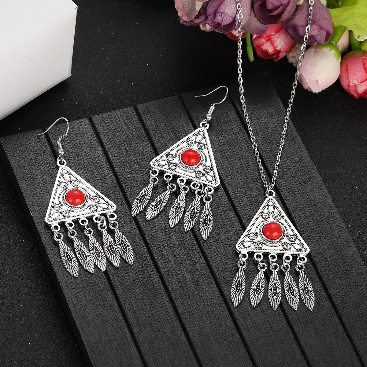2023 Indian Jewelry Set Ethnic Silver Plated Geometric Carved Tassel Earring Necklace Women's Blue Turquoises Chain Jewelry