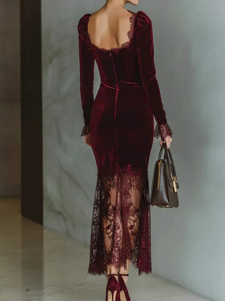 Square Collar Autumn Winter Chic Maxi Dress, Women Holiday Lace Patchwork Fashion Party Dress, Long Sleeve Backless Ladies Dress