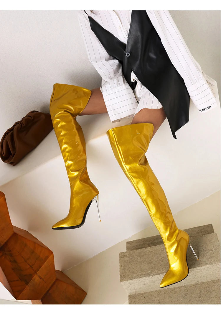 Long Boots for Women Dark Blue Pointed Toe Metal Stiletto Heel Patent Leather Over-the-Knee Female Shoes Large Size Short Plush