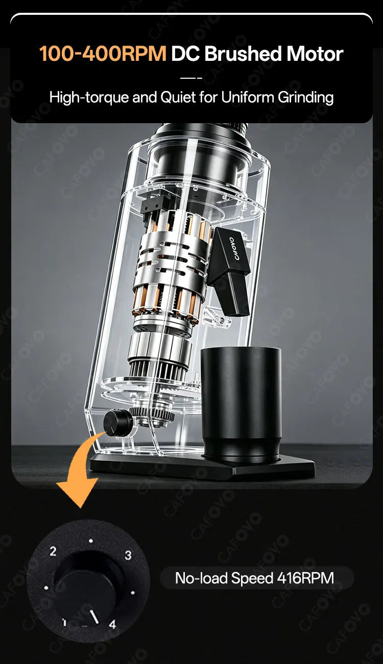 CAFOVO G255CV Single-Dose Coffee Grinder 55mm Conical 7-Core Burr Speed Range 100–400 RPM for Espresso and Pour-over Coffee Mill