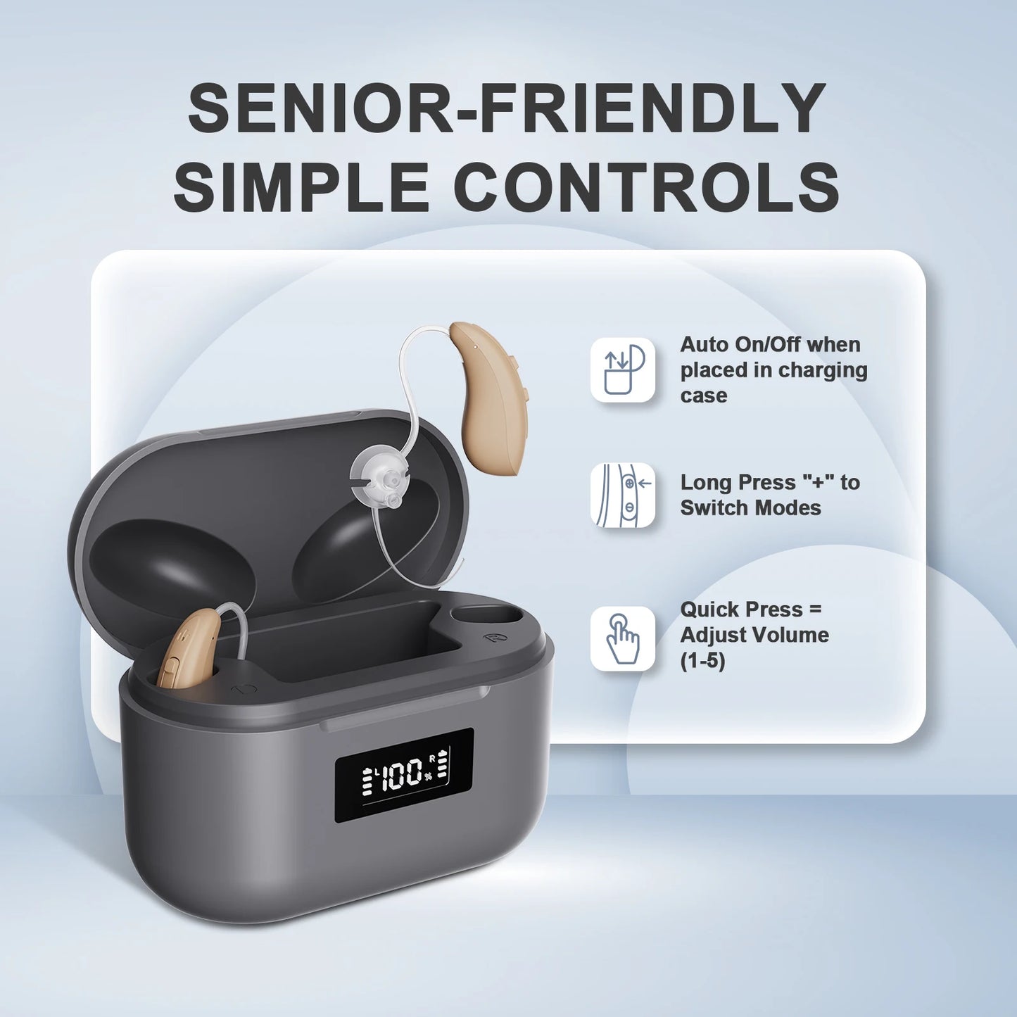 JINGHAO Rechargable Hearing Aids Behind the Ear 20 Hours Working Time  Auto Turn/off Fasr Charging Hearing Amplifier