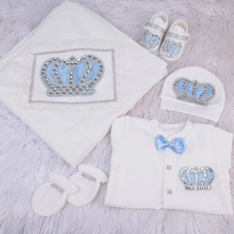 5pcs Newborn Baby Boy Outfits Kids Clothing Real Cotton Infant0 Products Shirt Pants Mittens Receiving Blanket