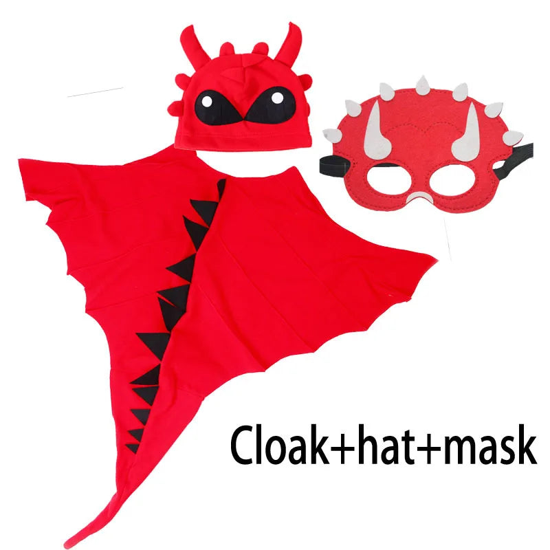 Kids Dragon Cape Costume 3PCS Cloak Hat Mask Set Halloween Carnival Role Play Outfits for Boys Girls School Performance Clothes