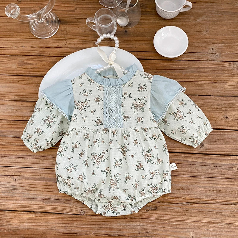 0-3Y Baby Autumn Clothes Retro Lace Infant Bow Ruffle Collar Long Sleeves Bodysuit Kids Girls Floral Print Casual Cotton Onesie