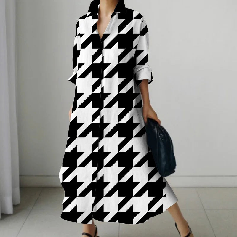 Women's Shirt Dress 2023 Trendy Patchwork Vintage Spot Print Shirt Fall Out Office Dress Loose Casual Lapel Pocket S-5Xl