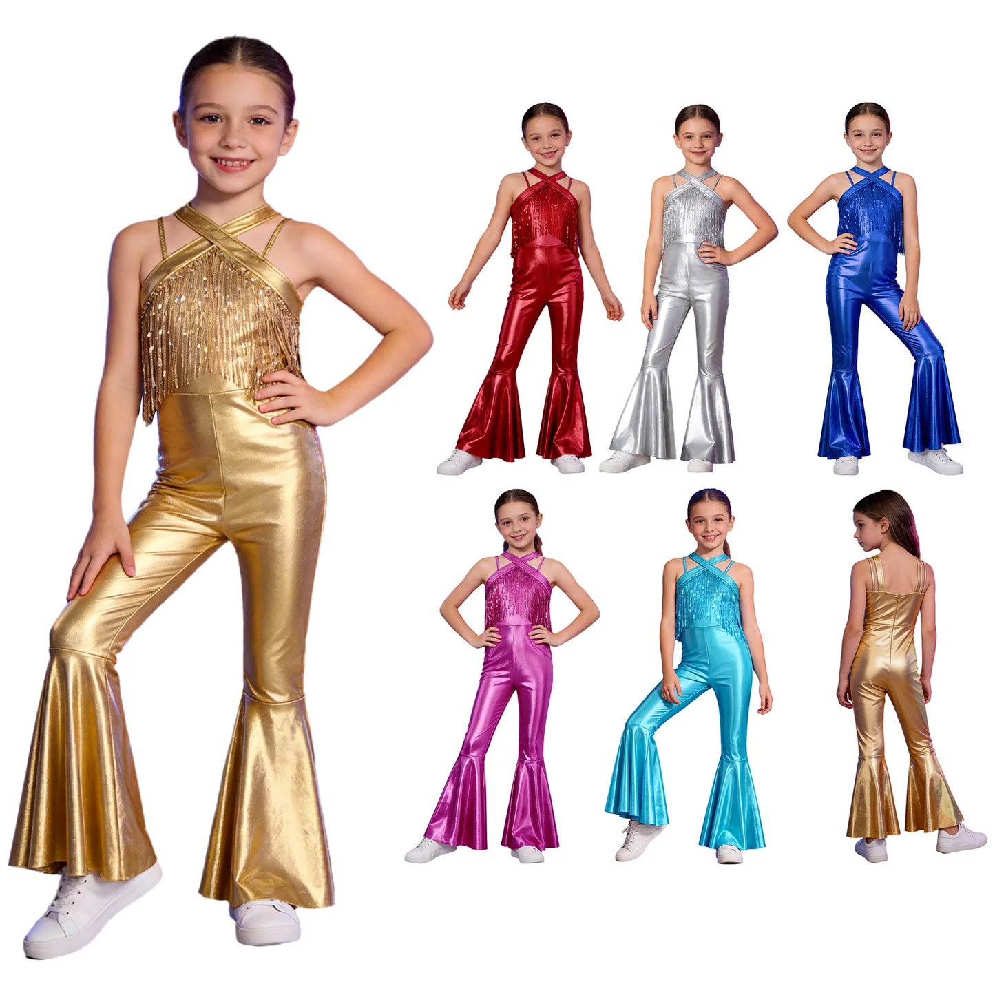Kids Girls Hippie Halloween Costume Tassels Unitard Bell-bottom Long Pants Bodysuit Jumpsuit Disco Dance 60s 70s Rave Party Wear