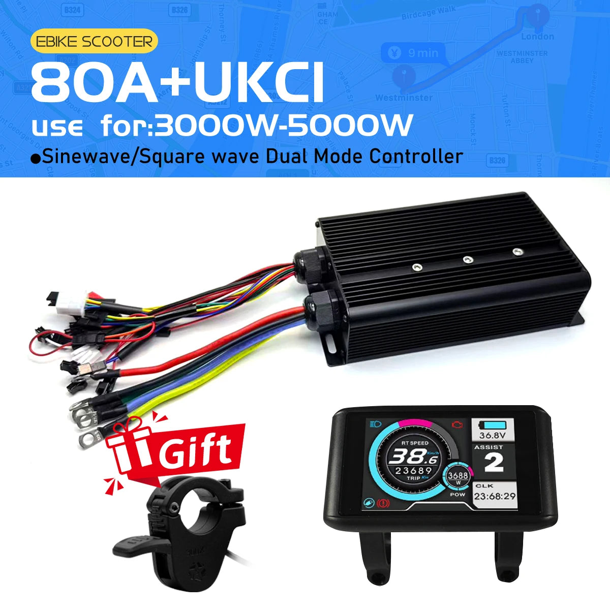 Electric Bicycle 80A BLDC Sine Wave/Square Wave 3 Mode Controller 48V72V3000W5000W Throttle PAS E-Brake Display for Ebike Scoote