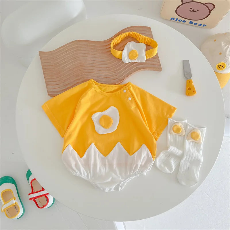 Summer Baby Newborn Romper Fried Egg with Headband Yellow Toddler Clothing Short Sleeve Infant Bodysuit Set 0-2Y Cute Jumpsuit