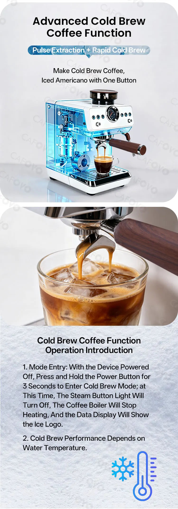 CAFOVO E161G 3-in-1 Semi-automatic Coffee Machine with Burr Grinder Frothing Milk for Home Barista Espresso & Cold Brew 220V