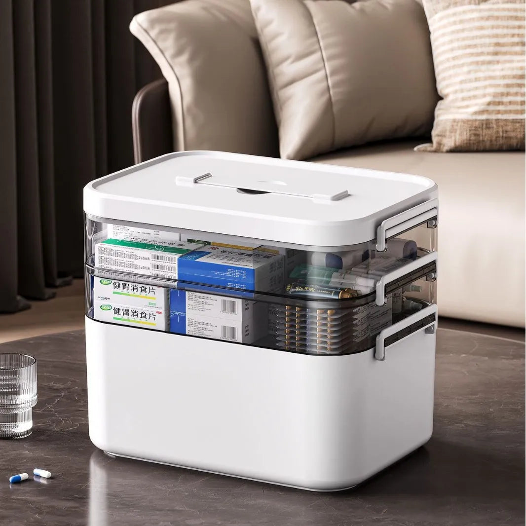 Multi-Layer Medicine Storage Box - Portable Home Emergency Organizer with Snap Closure, Durable Plastic Material, for Storing and Organizing Medicines and Miscellaneous Items