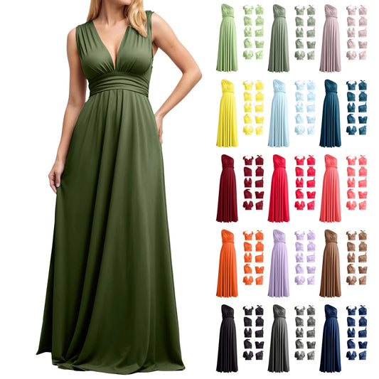 Multiple-Way Women Maxi Dress For Wedding Deep V-Neck Sexy High Waist Evening Party Dress Flowy Ruched A-Line Cocktail Dress