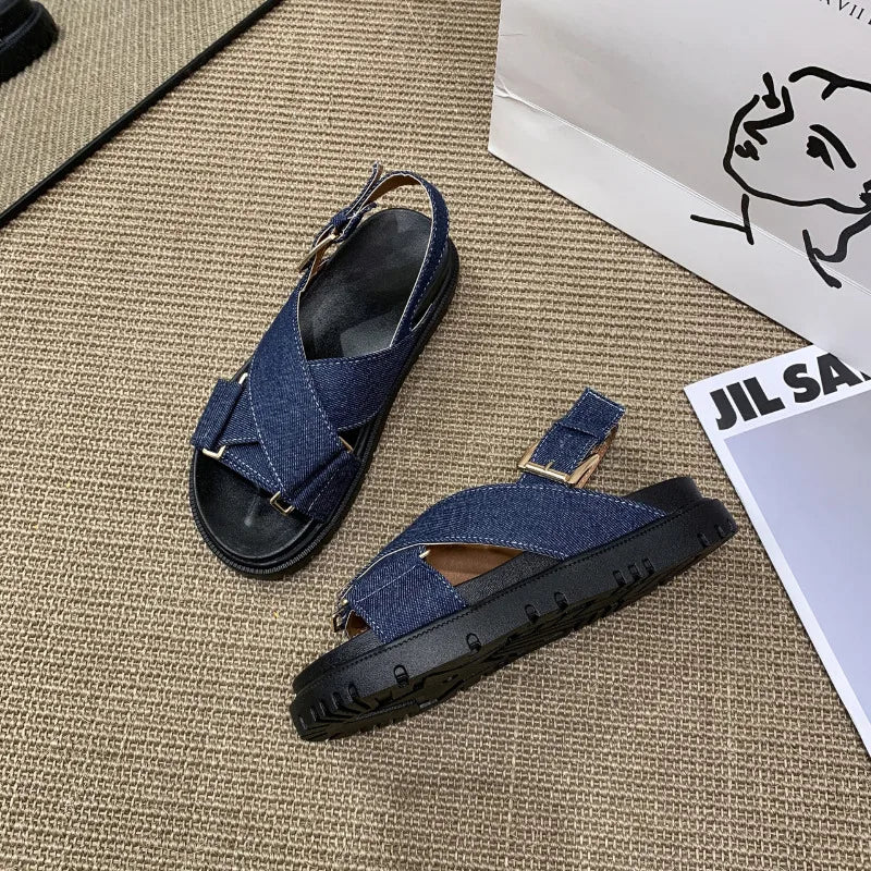 Denim Cross-strap Thick Sole Sandals Women 2025 New Summer Platform Shoes  Woman Outdoor Casual Sports Beach Shoes Slippers