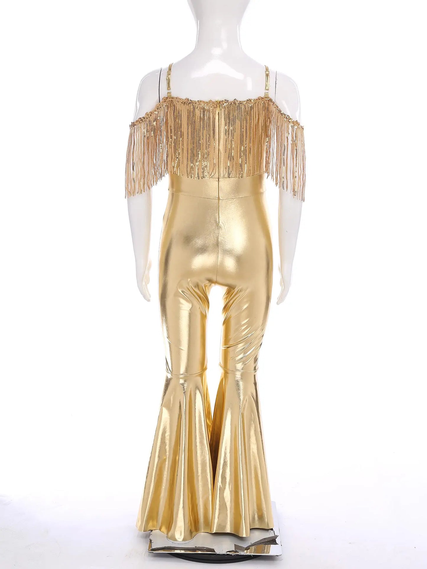 Shiny Halloween Hippie Costume for Kid Girls Sleeveless Sequins Tassels Disco Outfit 70s 80s Prom Flare Jumpsuit Party Costume