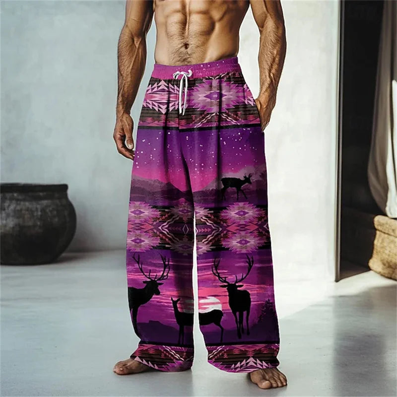 New men's loose fit casual pants with 3D printed geometric patterns, fashionable and comfortable wide leg pants