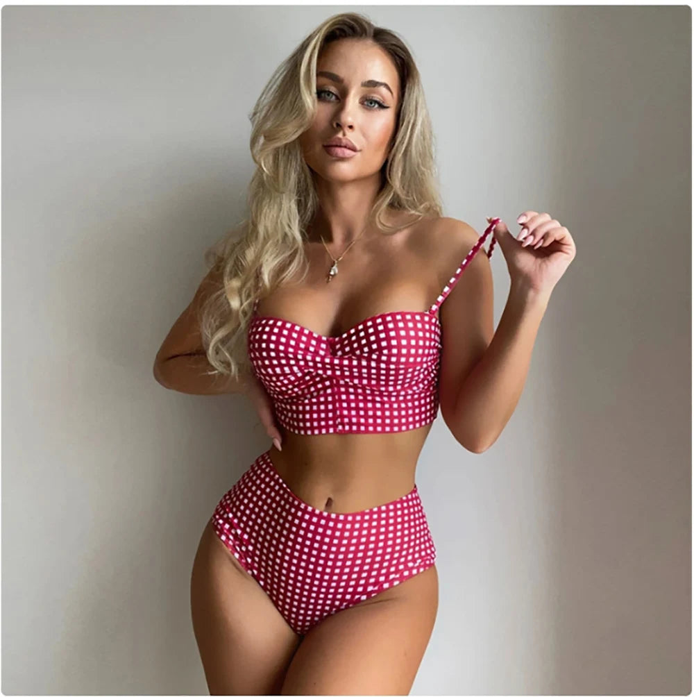 2025 New Sexy Two-piece Bikini Set Women Plaid Swimsuit Sling Backless Swimwear Tight Gathered Beachwear Brazilian Bathing Suit