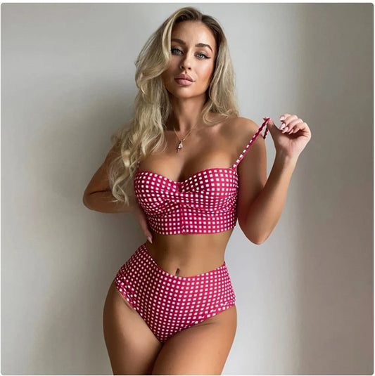 2025 New Sexy Two-piece Bikini Set Women Plaid Swimsuit Sling Backless Swimwear Tight Gathered Beachwear Brazilian Bathing Suit