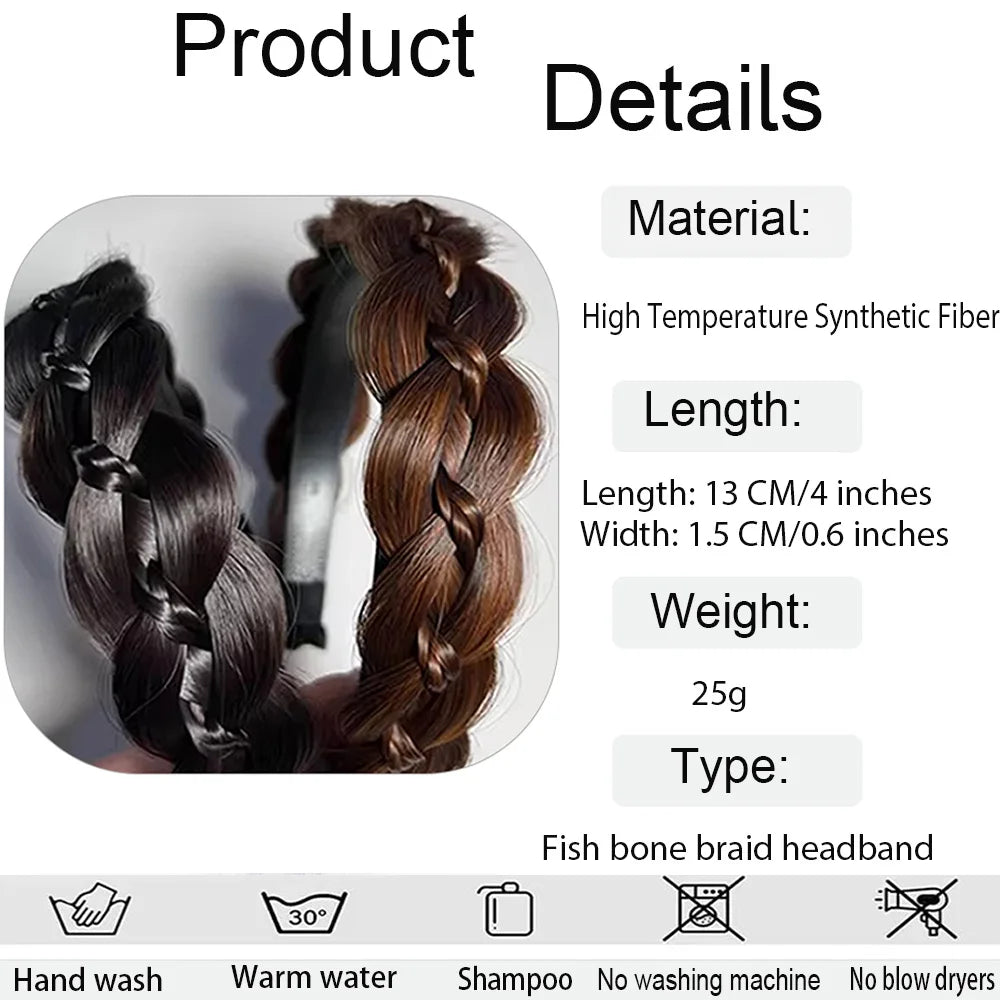Synthetic Ladies Hair Wide Fishbone Braids Non-slip Headband Handmade Retro Headband Styling Headwear Accessories