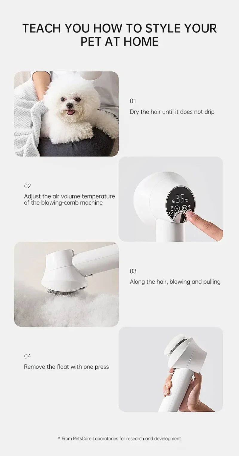 Pet Dog Hair Dryer 2-in-1 Cat Grooming Hairdressing Blow & Comb Low Noise Pet Cleaning Smart Pet Hair Dryer