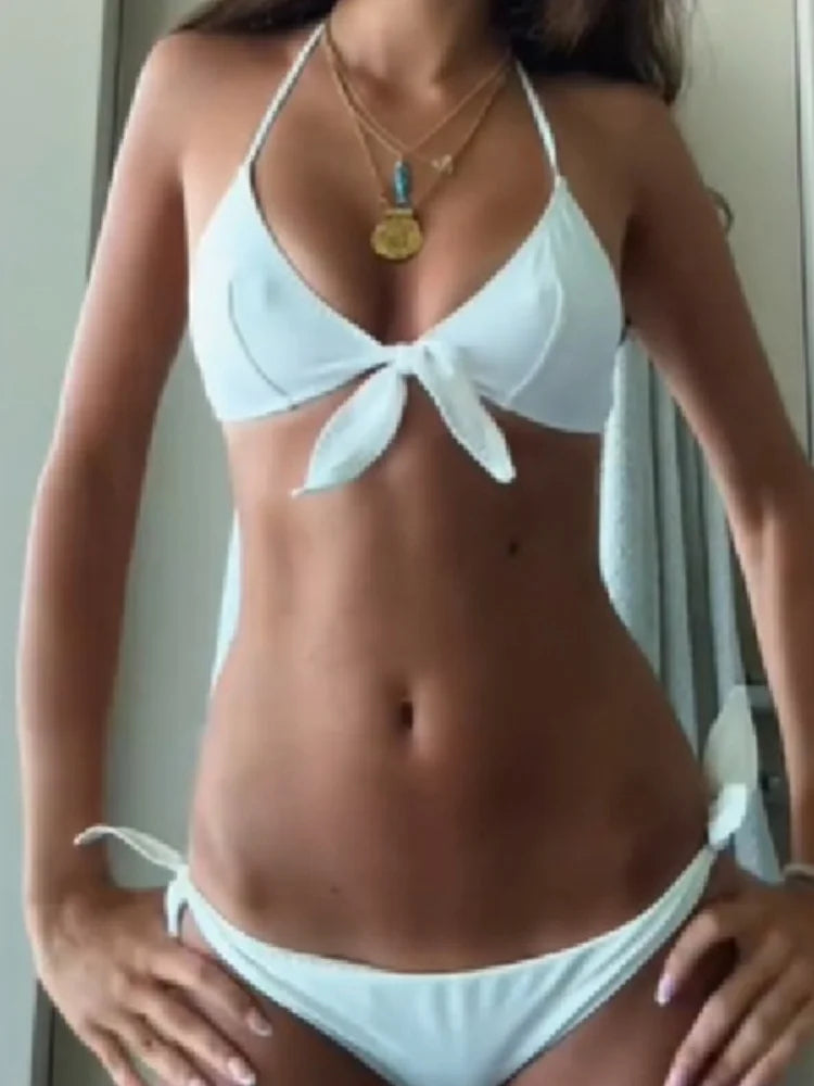Two Piece Bikini Set Women Spaghetti Strap V Neck Front Tie Triiangle Cup Top Side Tie Bottom Suit 2026 Beach Vacation Swimwear