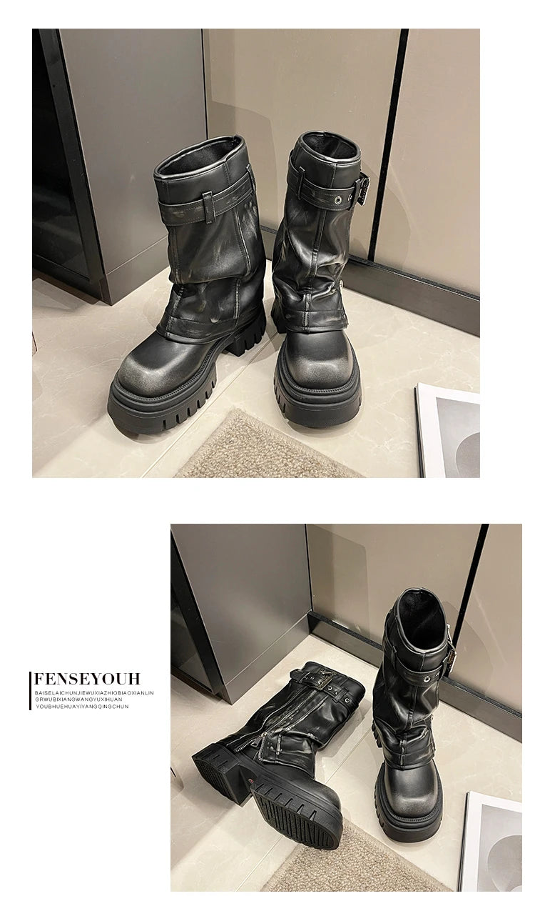 2025 Winter Designer Women Mid-calf Boots Western Short Boots Belt Buckle Soft Leather Boots Fashion Thick Bottom Platform Shoes