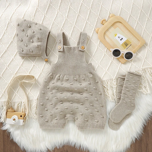 3pcs/Set Baby Clothes Solid Dots Crocheted Newborn Infant Girls Sleeveless Knitted Rompers Hats Socks Outfits 0-18m Infant Suits