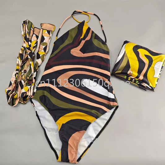 Luxury Design Women's Brown Headband Scarf Swimsuits with Letter Signature Logo Classic Brand Headband Bikini Sets Beachwear