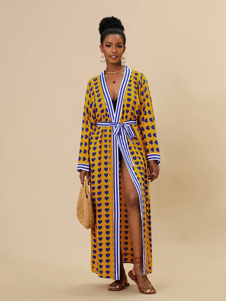 Zebra Beach Cover Ups for Women Long Sleeve Kimono Dress Self Belted Rayon Elegant Pareo 2023 Bathing Suits Holiday Beachwear