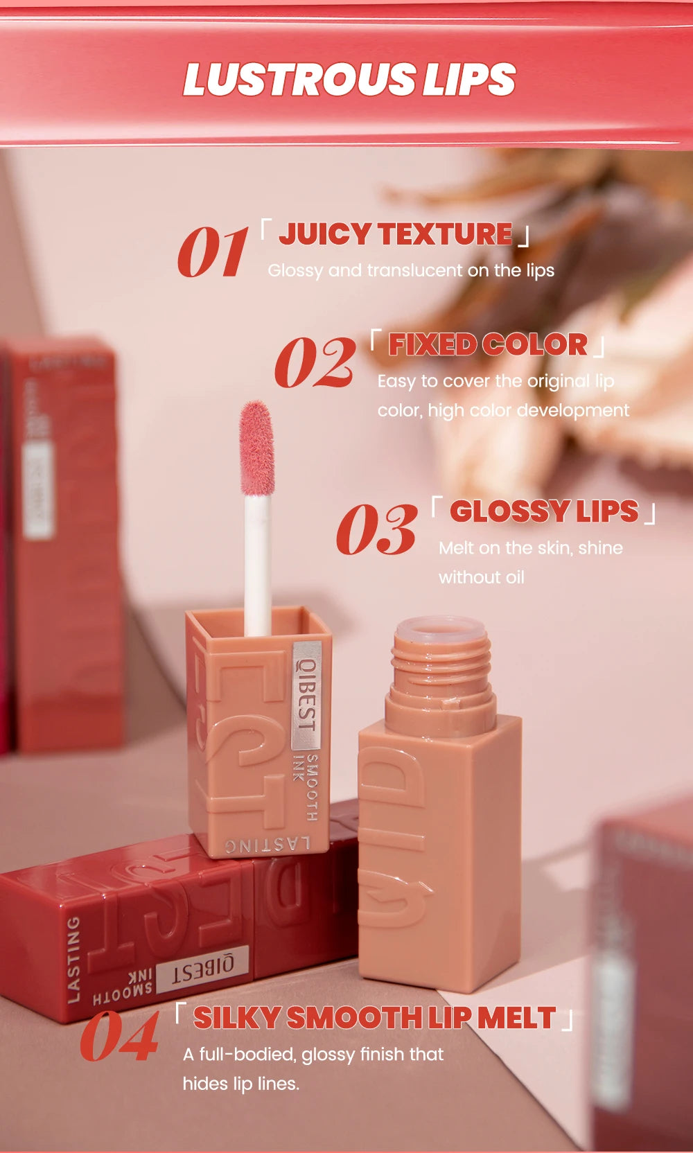 QIBEST Watery Gloss Lip Glaze Moisturizing Long Lasting Sexy Red Liquid Lipstick Mirror Glossy Lip Gloss Tint Cosmetic For Women